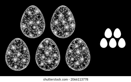 Magic mesh vector eggs with glare effect. White mesh, glare spots on a black background with eggs icon. Mesh and glowing elements are placed on different layers.