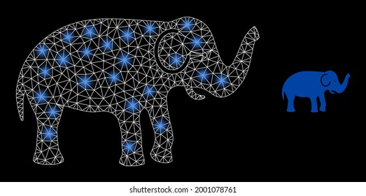 Magic mesh vector elephant with glare effect. White mesh, glare spots on a black background with elephant icon. Mesh and glare elements are placed on different layers.