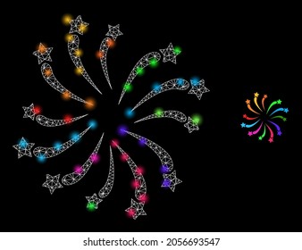 Magic mesh vector fireworks salute with glare effect. White mesh, glare spots on a black background with fireworks salute icon. Mesh and glare elements are placed on different layers.