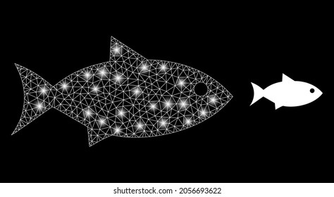 Magic mesh vector fish with glare effect. White mesh, glare spots on a black background with fish icon. Mesh and glare elements are placed on different layers.