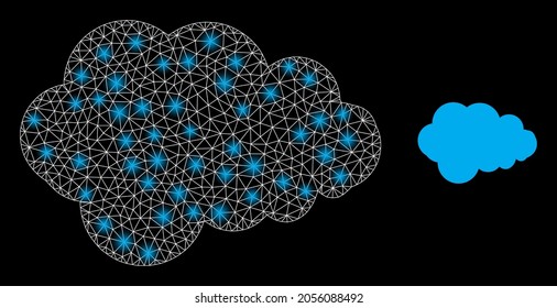 Espuma vectorial de malla mágica con efecto de resplandor. Malla blanca, puntos brillantes sobre un fondo negro con icono de espuma. Los elementos de malla y resplandor se colocan en diferentes capas.