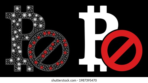 Magic mesh vector forbidden bitcoin with glare effect. White mesh, glare spots on a black background with forbidden bitcoin icon. Mesh and glowing elements are placed on different layers.