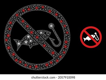 Magic mesh vector forbidden fishing with glare effect. White mesh, glare spots on a black background with forbidden fishing icon. Mesh and glare elements are placed on different layers.