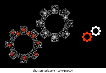 Magic mesh vector gear mechanics with glare effect. White mesh, glare spots on a black background with gear mechanics icon. Mesh and glare elements are placed on different layers.