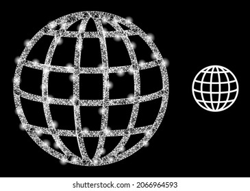 Magic mesh vector global with glare effect. White mesh, flash spots on a black background with global icon. Mesh and glare elements are placed on different layers.