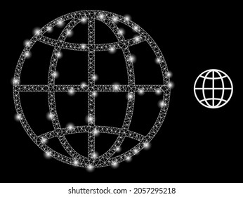 Magic mesh vector globe with glare effect. White mesh, glare spots on a black background with globe icon. Mesh and glare elements are placed on different layers.