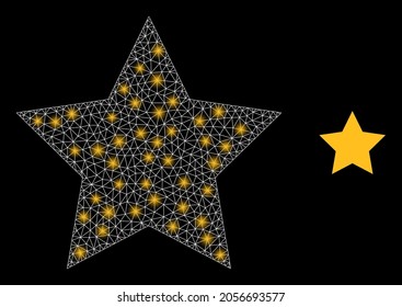 Magic mesh vector gold star with glow effect. White mesh, flash spots on a black background with gold star icon. Mesh and glowing elements are placed on different layers.