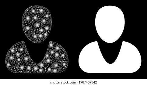Magic mesh vector guy with glare effect. White mesh, glare spots on a black background with guy icon. Mesh and glowing elements are placed on different layers.