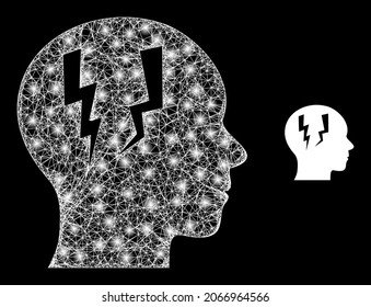 Magic mesh vector head migraine with glare effect. White mesh, glare spots on a black background with head migraine icon. Mesh and glowing elements are placed on different layers.