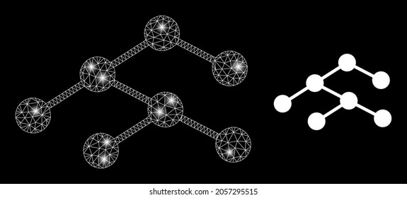 Magic mesh vector hierarchy links with glare effect. White mesh, light spots on a black background with hierarchy links icon. Mesh and glare elements are placed on different layers.