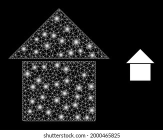 Magic mesh vector house with glare effect. White mesh, glare spots on a black background with house icon. Mesh and glare elements are placed on different layers.