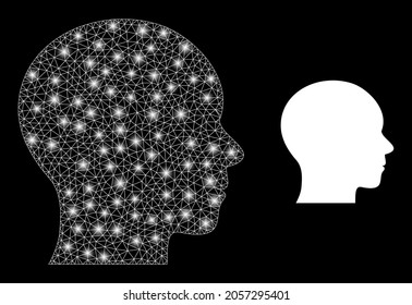 Magic mesh vector human head with glare effect. White mesh, light spots on a black background with human head icon. Mesh and glare elements are placed on different layers.