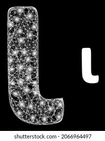 Vector de malla mágica Iota Símbolo griego en minúsculas con efecto de resplandor. Malla blanca, manchas brillantes sobre un fondo negro con el icono del símbolo en minúscula griego Iota.