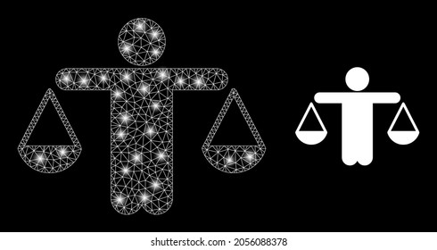 Jugador vectorial de malla mágica comparado con efecto de brillo. Malla blanca, puntos de brillo en un fondo negro con icono de comparación de juez. Los elementos de malla y resplandor se colocan en diferentes capas.