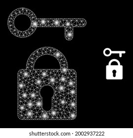 Magic mesh vector lock key with glare effect. White mesh, bright spots on a black background with lock key icon. Mesh and glare elements are placed on different layers.