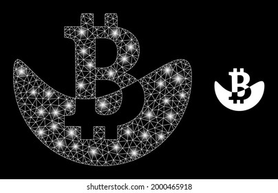 Magic mesh vector melting bitcoin with glare effect. White mesh, glare spots on a black background with melting bitcoin icon. Mesh and lightspot elements are placed on different layers.