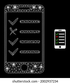 Magic mesh vector mobile check list with glare effect. White mesh, glare spots on a black background with mobile check list icon. Mesh and lightspot elements are placed on different layers.