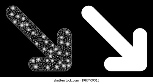 Magic mesh vector move down right with glare effect. White mesh, flash spots on a black background with move down right icon. Mesh and glare elements are placed on different layers.
