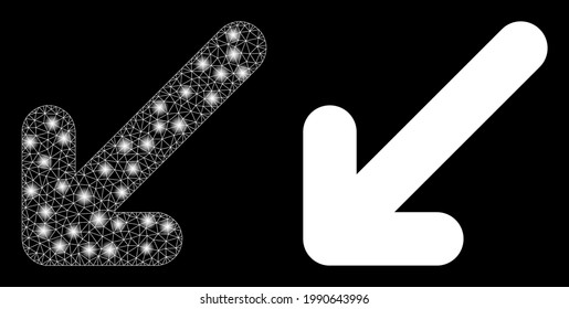 Magic mesh vector move down left with glare effect. White mesh, glare spots on a black background with move down left icon. Mesh and glowing elements are placed on different layers.