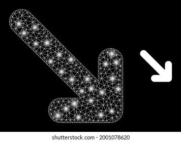Magic mesh vector move down right with glare effect. White mesh, glare spots on a black background with move down right icon. Mesh and glare elements are placed on different layers.