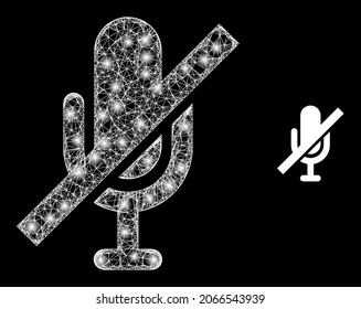 Máscara vectorial de malla mágica silenciada con efecto de resplandor. Malla blanca, puntos de brillo en un fondo negro con un icono silencioso. Los elementos de malla y resplandor se colocan en diferentes capas.