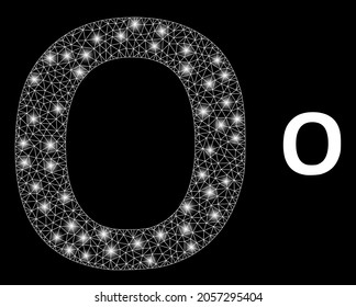 Magic mesh vector Omicron Greek symbol with glare effect. White mesh, light spots on a black background with Omicron Greek symbol icon. Mesh and glare elements are placed on different layers.
