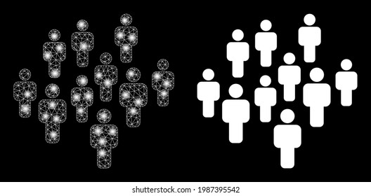 Magic mesh vector people crowd with glare effect. White mesh, light spots on a black background with people crowd icon. Mesh and glowing elements are placed on different layers.