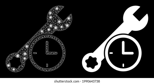 Tiempo de reparación del vector de malla mágica con efecto de brillo. Malla blanca, puntos de flash sobre un fondo negro con icono de tiempo de reparación. Los elementos de malla y resplandor se colocan en diferentes capas.