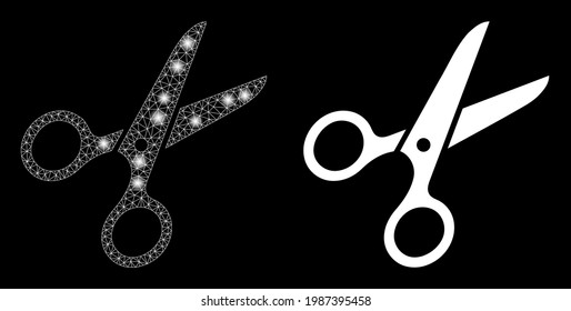 Magic mesh vector scissors with glare effect. White mesh, bright spots on a black background with scissors icon. Mesh and glare elements are placed on different layers.