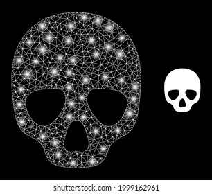 Magic mesh vector skull with glare effect. White mesh, glare spots on a black background with skull icon. Mesh and glare elements are placed on different layers.