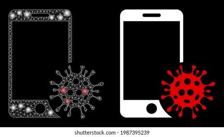 Magic mesh vector smartphone virus with glare effect. White mesh, flash spots on a black background with smartphone virus icon. Mesh and glare elements are placed on different layers.