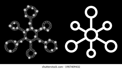 Magic mesh vector system links with glare effect. White mesh, flash spots on a black background with system links icon. Mesh and glare elements are placed on different layers.
