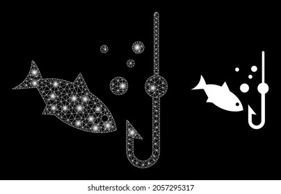 Magic mesh vector underwater fishing with glow effect. White mesh, bright spots on a black background with underwater fishing icon. Mesh and glowing elements are placed on different layers.