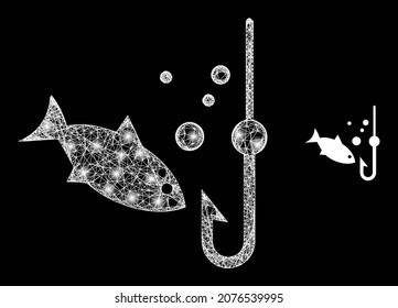 Magic mesh vector underwater fishing with glare effect. White mesh, light spots on a black background with underwater fishing icon. Mesh and glare elements are placed on different layers.