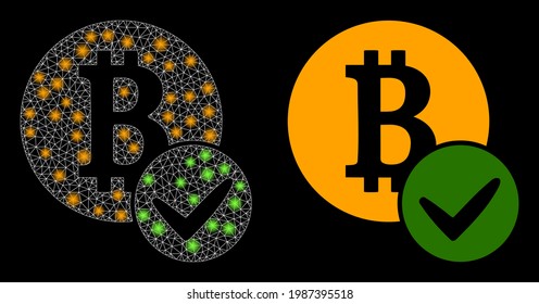 Magic mesh vector valid bitcoin with glow effect. White mesh, glare spots on a black background with valid bitcoin icon. Mesh and glare elements are placed on different layers.