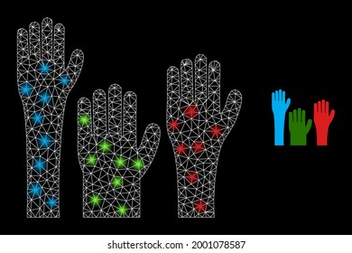 Magic mesh vector voting hands with glare effect. White mesh, bright spots on a black background with voting hands icon. Mesh and glowing elements are placed on different layers.
