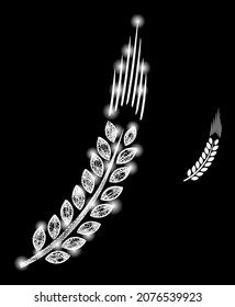 Magic mesh vector wheat ear with glare effect. White mesh, flash spots on a black background with wheat ear icon. Mesh and glowing elements are placed on different layers.