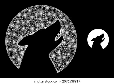 Magic mesh vector wolf with glare effect. White mesh, glare spots on a black background with wolf icon. Mesh and glare elements are placed on different layers.