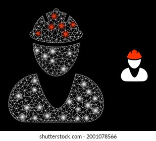 Magic mesh vector worker with glare effect. White mesh, bright spots on a black background with worker icon. Mesh and glare elements are placed on different layers.