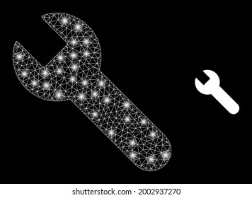 Magic mesh vector wrench with glow effect. White mesh, bright spots on a black background with wrench icon. Mesh and glare elements are placed on different layers.