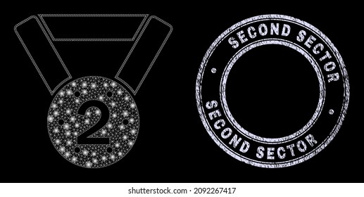 Icono de medalla en 2º lugar de malla mágica con efecto de resplandor en un fondo negro con la impresión de sello sucio de 2do Sector redondo. El modelo vectorial se basa en el icono de la segunda medalla, se utiliza malla blanca.