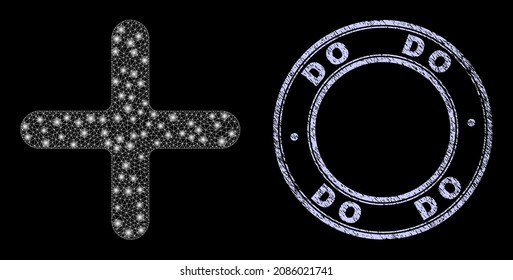 Magic mesh web cross icon with glitter effect on a black background, and round Do rubber stamp. Vector carcass is based on cross icon, white colored mesh used.