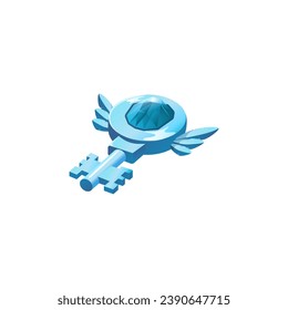 Zauberhafter Metallschlüssel mit Kristall und Flügeln, Vektorsymbol einzeln auf Weiß. Einfaches Cartoon ui Element, metallisches Werkzeug. Symbol des Geheimnisses und der Sicherheit. Cute-Objekt für Spiele, Mobil- und Web-Schnittstelle