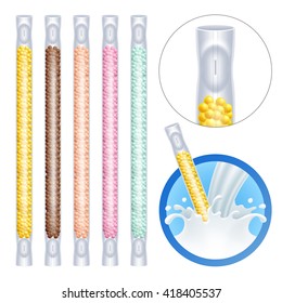 Magic milk Flavoring Straws vector illustration. Milk splash with straw. Banana chocolate peach strawberry and mint flavors. Good for packaging design.