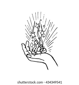 Magic miraculous pills falling on the palm and the shining.