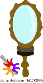 magic mirror with an ancient medieval edging, near a hair clip with a multi-colored flower, on a white background