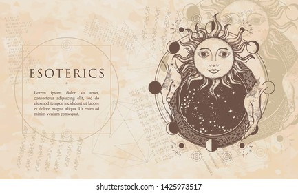 Magic mirror. Antique sun, fortune teller hands, lunar phase. Esoterics renaissance background. Medieval manuscript, engraving art 