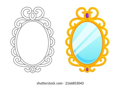 Magic mirror in cartoon style, vector illustration. Oval gold frame for game design. Fairy vintage mirror wich purple diamond. Isolated element on a white background, graphic template for design