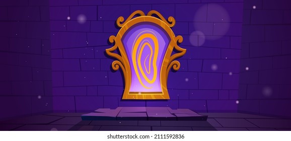 Magic mirror in golden frame on stone wall at night. Vector cartoon fantasy illustration of wizard or witch room in medieval castle with antique mirror with mystery glow and reflection