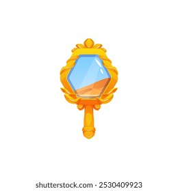 Magic mirror in golden frame of princess or witch. Antique mirror showing another dimension or future. Witchcraft. Antique. Cartoon style. Vector illustration isolated on white background.